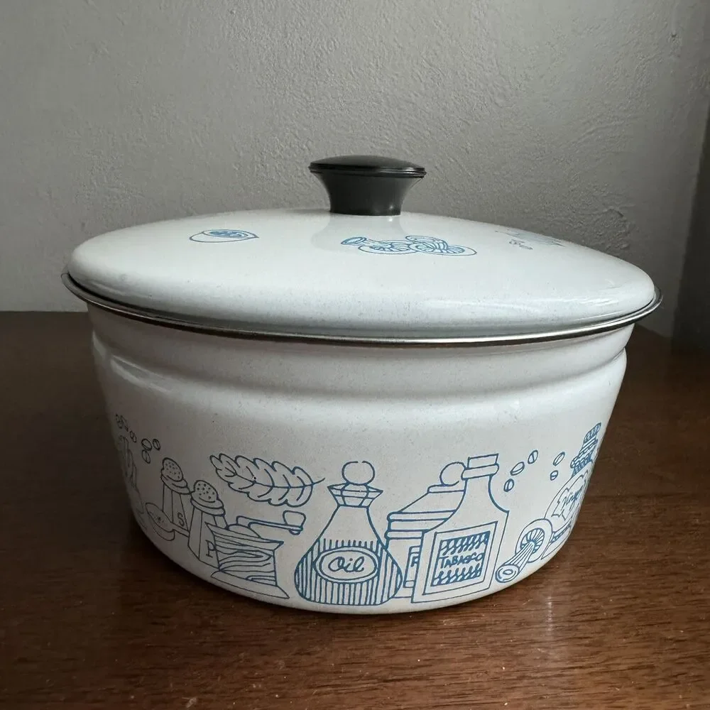 Vintage MCM White Enamel Pot w Lid Blue Kitchen Art Work Blue 4